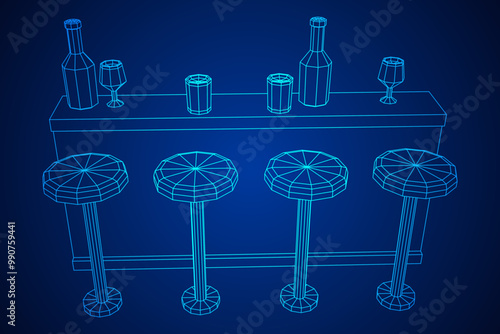 Bar counter with stools, bar top with bottles and glasses. Wireframe low poly mesh vector illustration.