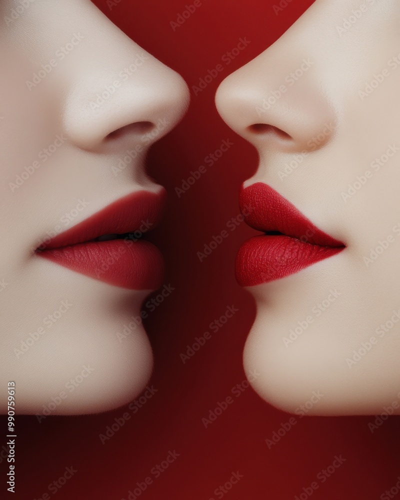 Obraz premium Close-up of two lips adorned with bold red lipstick against a vibrant red background.