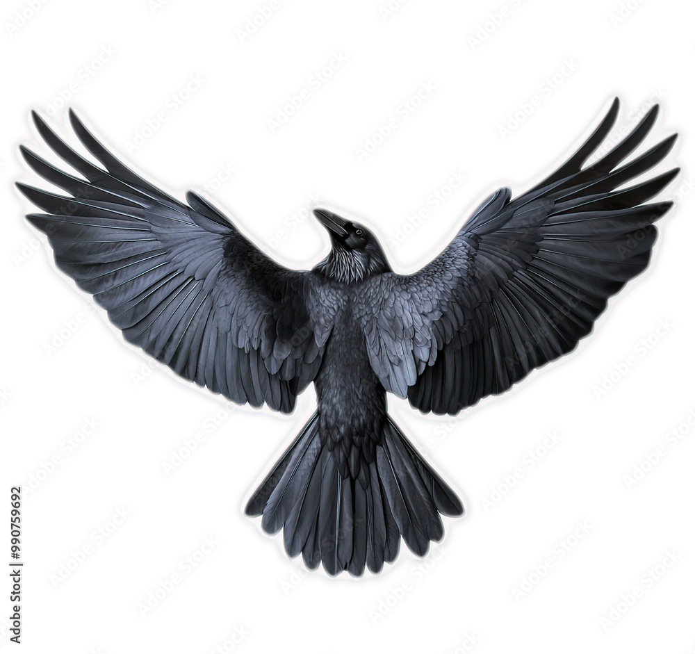 Naklejka premium Black raven bird with wings spread in flight isolated on black background, spooky goth aesthetic