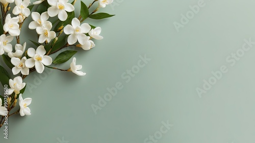 A serene image featuring a cluster of delicate white jasmine flowers positioned in corner on a plain backdrop