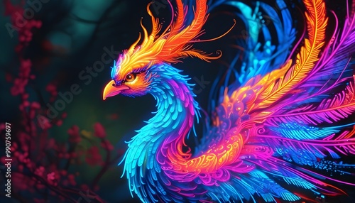 Vibrant Neon Phoenix Rising in a Dazzling Urban Landscape