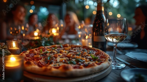 diverse friends sharing gourmet pizza in trendy bistro warm lighting laughterfilled atmosphere urban chic decor candlelit tables casual elegance culinary adventure photo