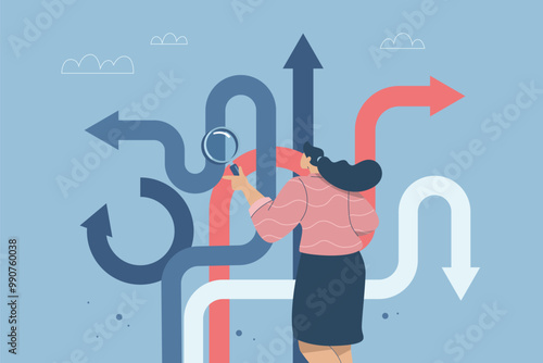 Confusion or decision about business approach, Choosing the right direction, Finding the right business direction, Businesswoman using magnifying glass to guide business and make business decisions.