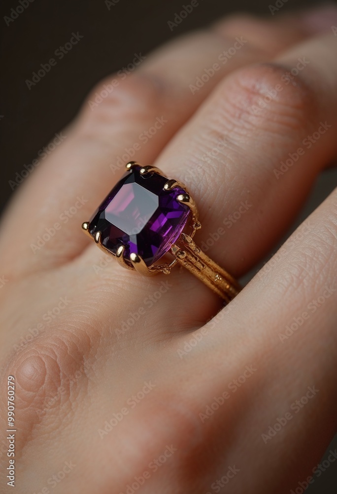 Stunning golden ring featuring a large purple gemstone on a woman's hand in a close-up view Stunning golden ring featuring a large purple gemstone on a woman's hand in a close-up view