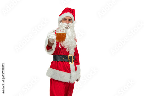 Santa Claus toasting to the camera with a beer mug white background