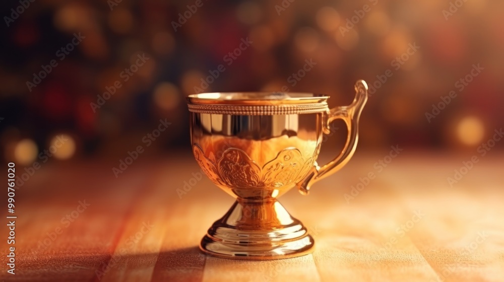 Golden Trophy on Wooden Table Golden Trophy on Wooden Table