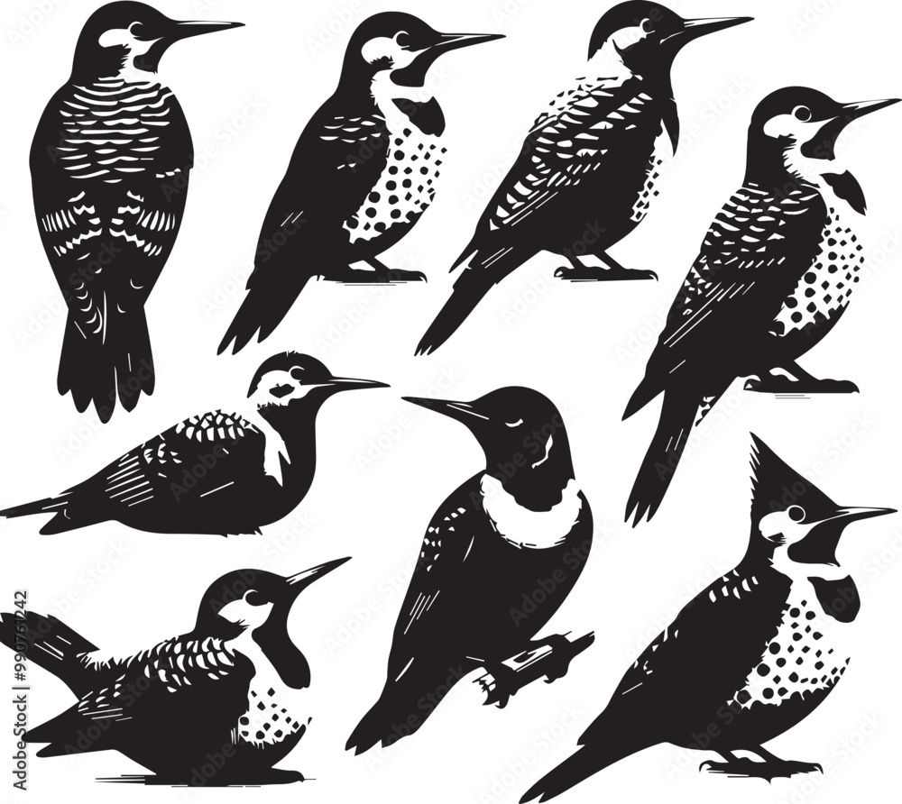 Fototapeta premium Woodpecker Bird Vector Illustration: Black and White Woodcut Style Graphic of Various Woodpecker Species for Ornithology and Nature Designs