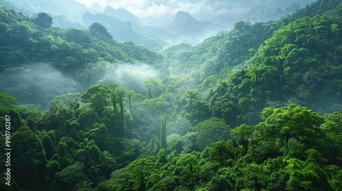 A misty, lush green forest valley with sunlight filtering through the canopy.