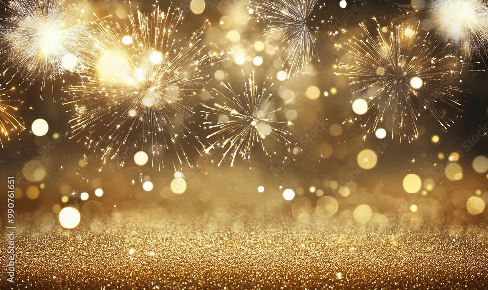Fototapeta premium Sparkling Fireworks and Festive Glitter in a Radiant Gold Bokeh Background 