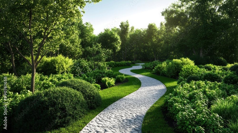 Fototapeta premium Serene garden path surrounded by lush greenery, inviting tranquility and nature's beauty.