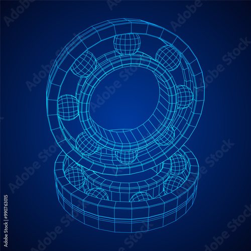 Roller bearing. Circular round rotating bearings used in industry for heavy equipment mechanical work and engineering. Wireframe low poly mesh vector illustration.