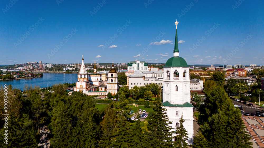 Irkutsk, Russia - 08/27/2024: beautiful bird's-eye view of the Church of the Savior, captured by a drone Irkutsk, Russia - 08/27/2024: beautiful bird's-eye view of the Church of the Savior, captured by a drone