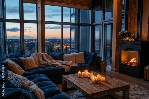 Cozy evening ambiance with candlelit living room overlooking cityscape