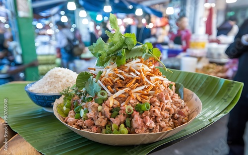 A bowl of Asian food with noodles, meat, herbs and rice, on a banana leaf, in a market setting. photo