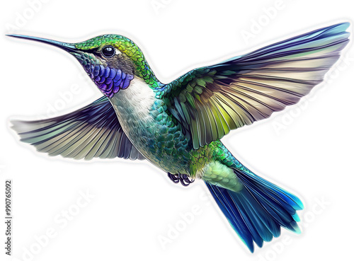 Colorful hummingbird in flight, isolated on black background