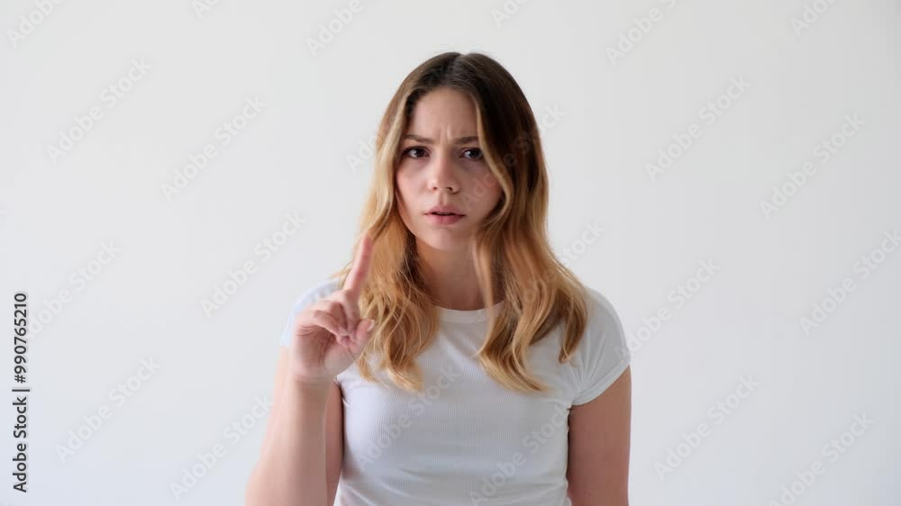 Stern and serious Caucasian woman showing hush gesture for silence and privacy on white background. Secrecy, conspiracy and warning concept. Stern and serious Caucasian woman showing hush gesture for silence and privacy on white background. Secrecy, conspiracy and warning concept.