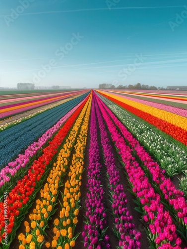 Aerial shot of colorful tulip fields in Holland, vibrant patterns, clear sky, ample space for text