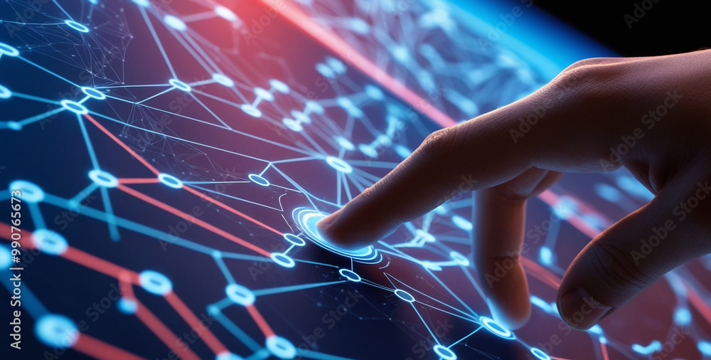 Naklejka premium A hand reaching out to touch a complex network of interconnected nodes, symbolizing digital connectivity and innovation.