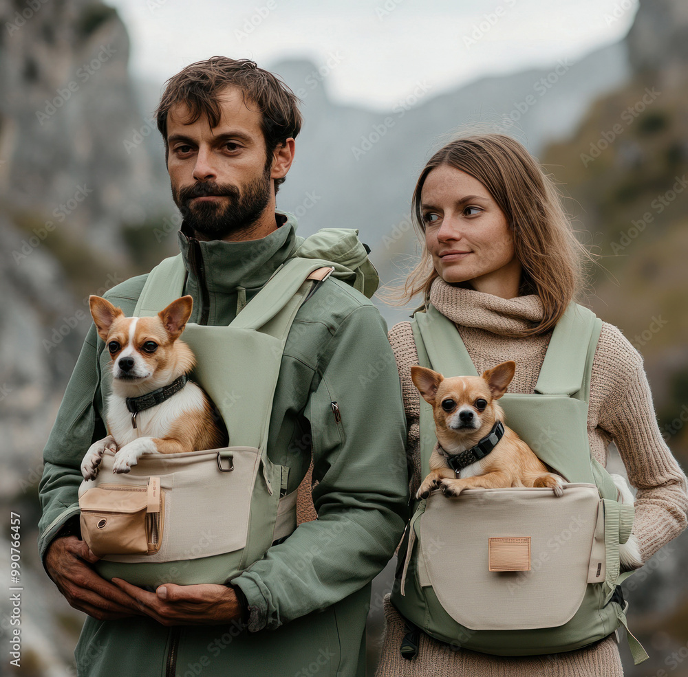 Couple with dogs in backpacks in outdoor setting Couple with dogs in backpacks in outdoor setting