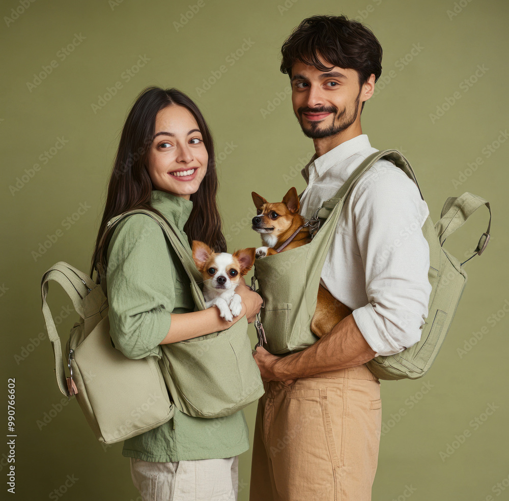 Joyful couple with dogs in matching pet backpacks. Joyful couple with dogs in matching pet backpacks.