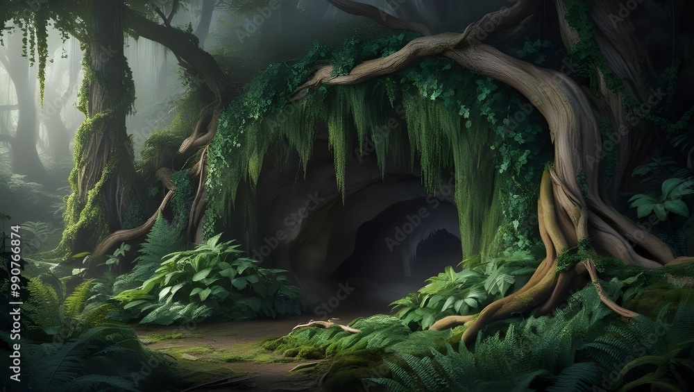 Photo of a hidden cave entrance in a misty forest behind a tapestry Photo of a hidden cave entrance in a misty forest behind a tapestry