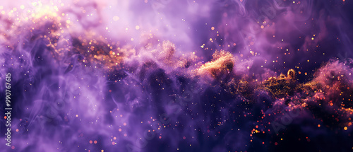 Wallpaper Mural Shiny, glowing background with purple swirl of smoke, golden dust, shimmer, particles. Steam effect. Smoky mockup for celebrating. Generative ai	 Torontodigital.ca