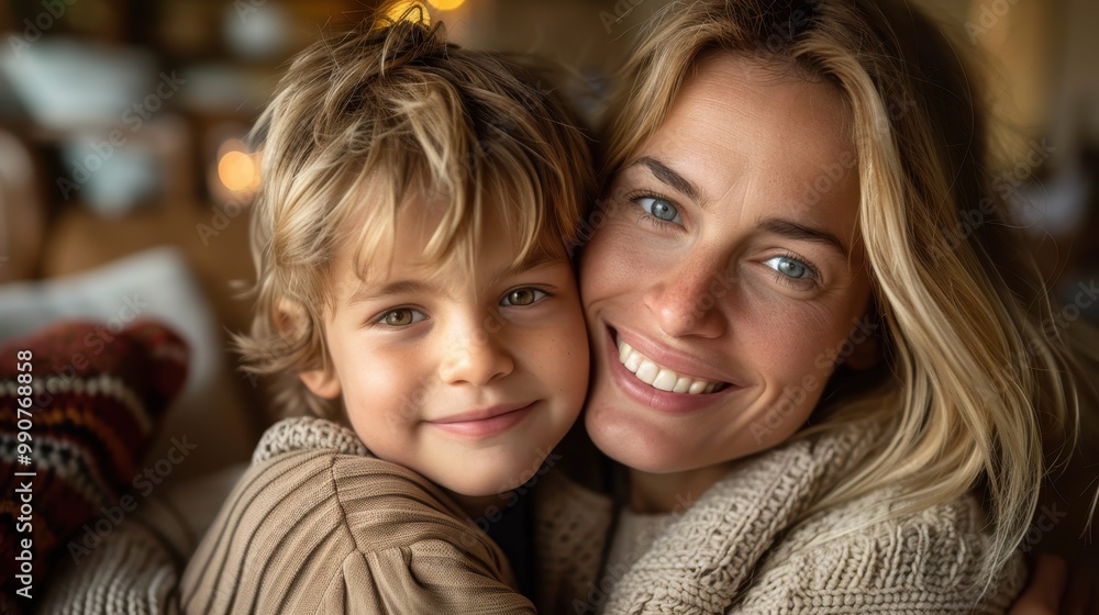 A mother hugs her son when he comes home from school. Her smile shows how happy she is to see him, and her son responds to her caress with warmth in his heart A mother hugs her son when he comes home from school. Her smile shows how happy she is to see him, and her son responds to her caress with warmth in his heart