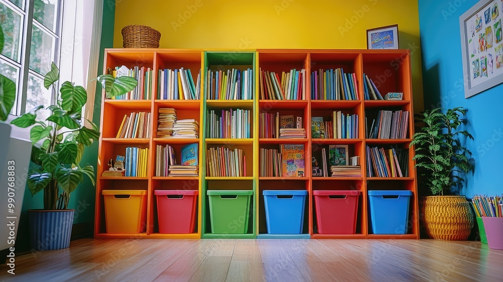 Children's bookshelf with colorful bins, Children's bookshelf with colorful bins,