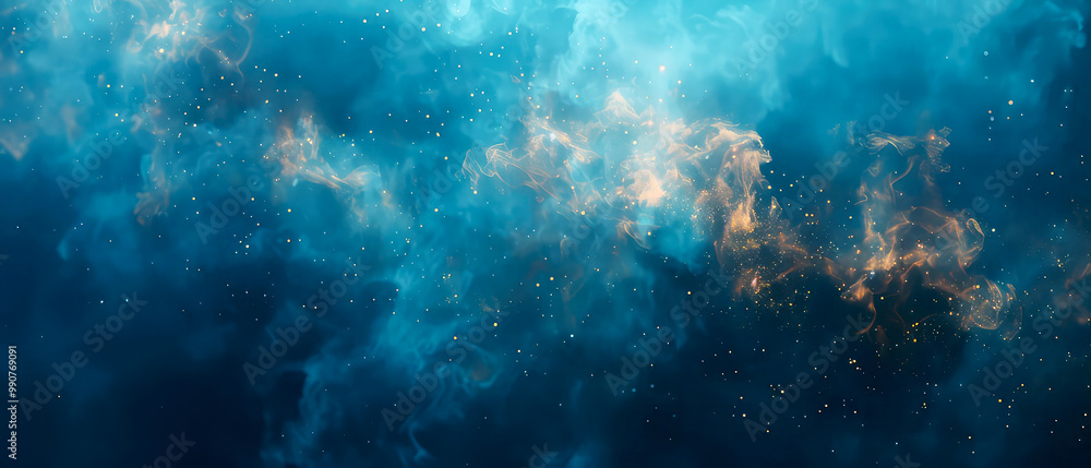 Shiny, glowing background with blue swirl of smoke, golden dust, shimmer, particles. Steam effect. Smoky mockup for celebrating. Generative ai Shiny, glowing background with blue swirl of smoke, golden dust, shimmer, particles. Steam effect. Smoky mockup for celebrating. Generative ai