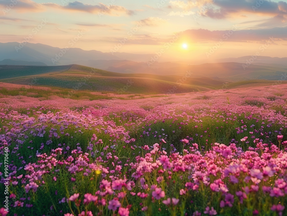 Obraz premium Colorful phlox field, rolling landscape, sunrise, bird's-eye view, vibrant flowers, wide-angle shot, crisp clarity
