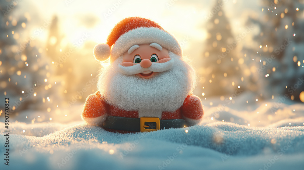 3d Santa Claus with a whimsical cartoon design. Santa is wearing a red suit and has a white beard. The background is a festive Christmas scene with a snowy landscape and trees 3d Santa Claus with a whimsical cartoon design. Santa is wearing a red suit and has a white beard. The background is a festive Christmas scene with a snowy landscape and trees