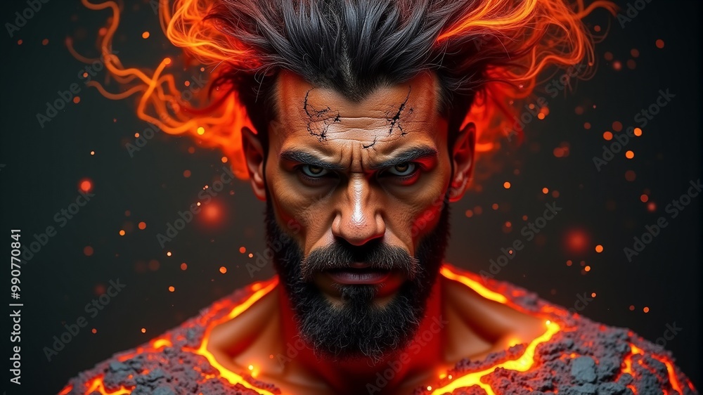 Portrait of a black-haired, bearded man with magma-burned skin Portrait of a black-haired, bearded man with magma-burned skin