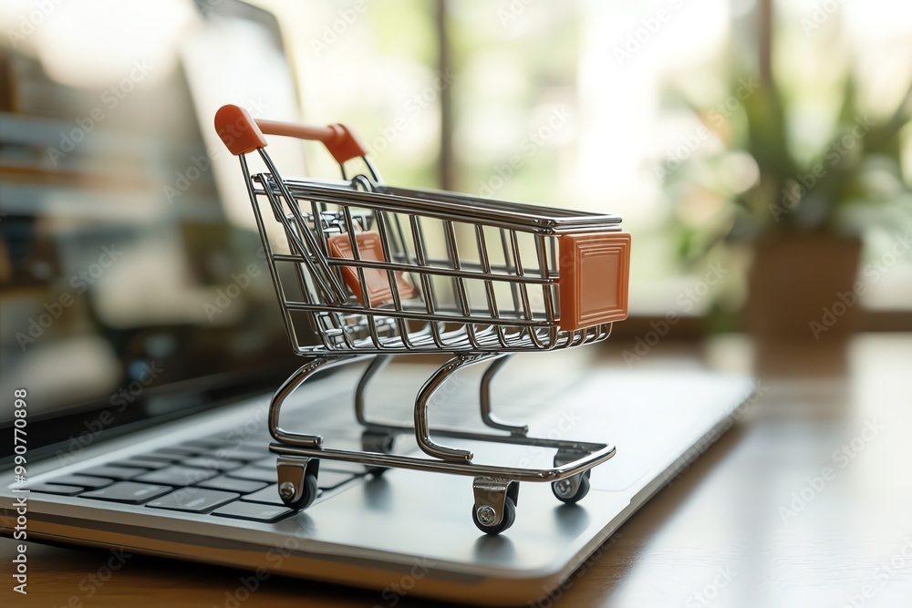 Small shopping cart on a laptop keyboard, representing online shopping. Small shopping cart on a laptop keyboard, representing online shopping.