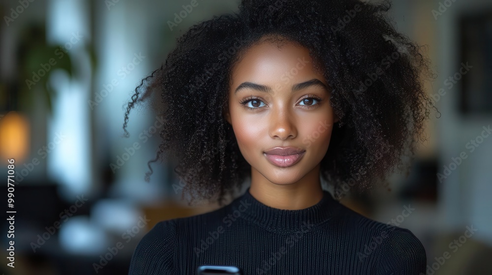 Fototapeta premium elegant portrait of a confident young black woman holding a smartphone crisp white background highlights her natural beauty and modern style in a professional headshot
