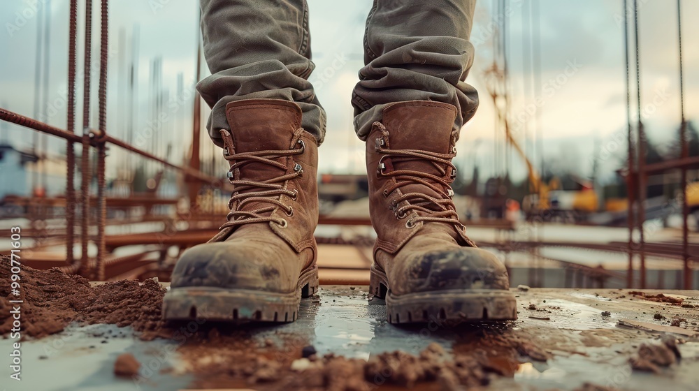 The legs of a construction worker, firmly positioned on a platform, illustrate the heights and dangers associated with building structures The legs of a construction worker, firmly positioned on a platform, illustrate the heights and dangers associated with building structures