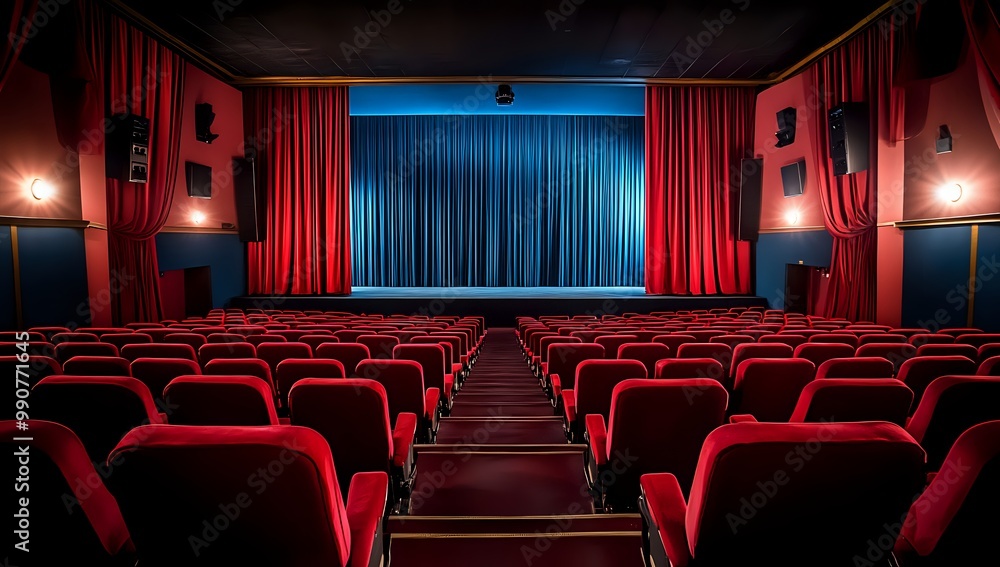 Fototapeta premium Empty red seats in a theater with curtains drawn back to reveal a stage.