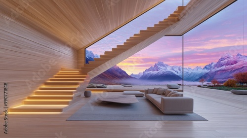 A living room with a staircase leading to the top of it, AI