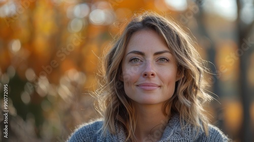 Content woman in her 30s, with a cozy sweater, enjoying a scenic autumn view