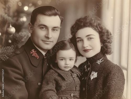 Retro black-and-white family photo from an old Christmas celebration