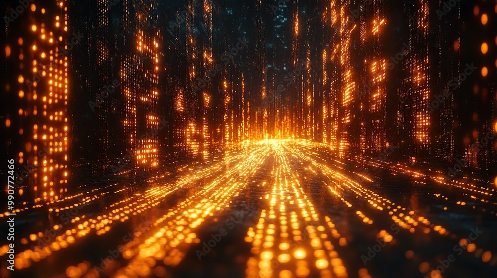 A data technology background visualizing big data flows and binary code in a matrix style, illustrating the movement of information. A data technology background visualizing big data flows and binary code in a matrix style, illustrating the movement of information.