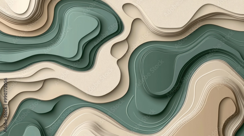 Abstract layered design with flowing shapes in green and beige tones. Abstract layered design with flowing shapes in green and beige tones.