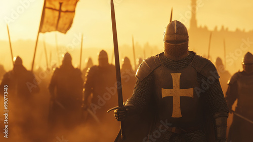 Medieval Templar crusader knights army warriors in armor during holy war battle