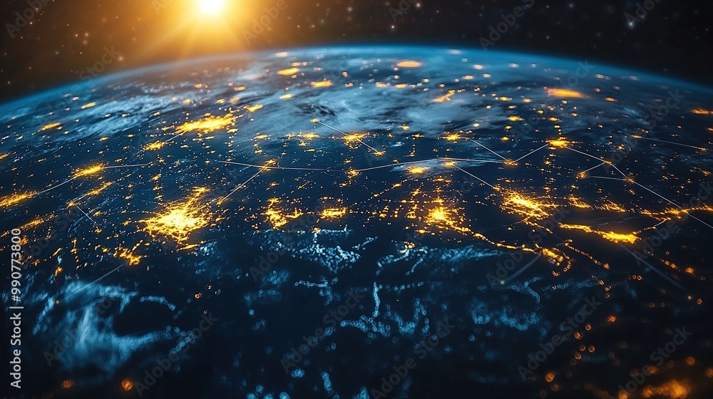 A detailed depiction of connection lines around the earth, symbolizing global communication, social media, and technological advancements. A detailed depiction of connection lines around the earth, symbolizing global communication, social media, and technological advancements.