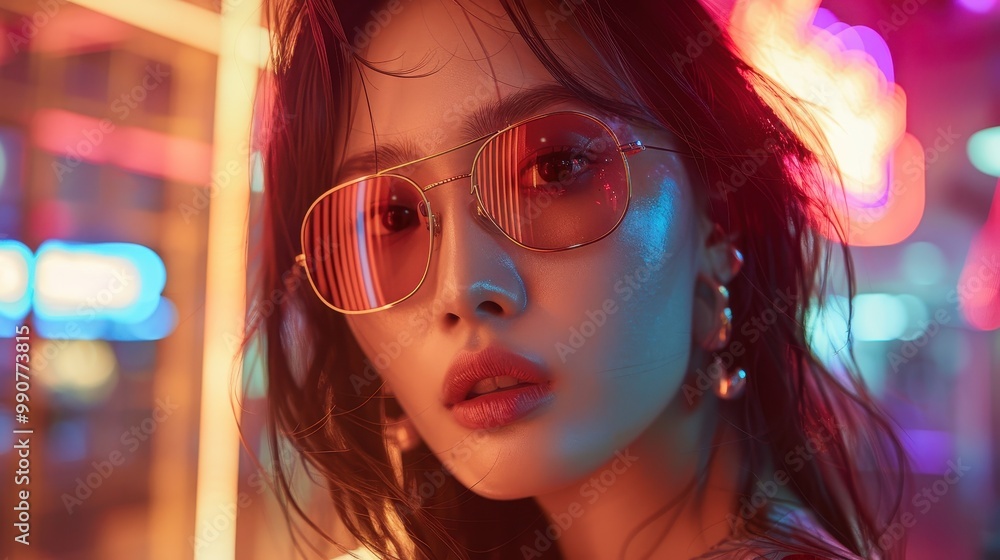 A joyful scene of an Asian woman in sunglasses, embracing the nightlife A joyful scene of an Asian woman in sunglasses, embracing the nightlife