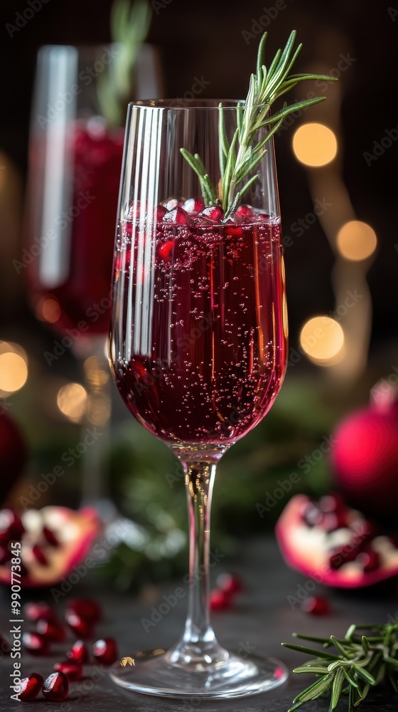 Savor a festive cocktail of pomegranate juice and sparkling wine, garnished for celebrations Savor a festive cocktail of pomegranate juice and sparkling wine, garnished for celebrations
