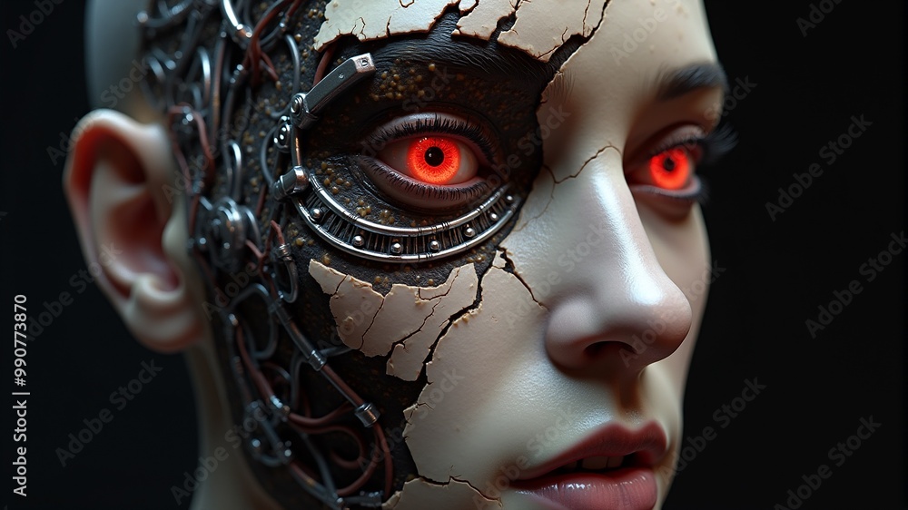 A female robot with red eyes and a silver mask A female robot with red eyes and a silver mask