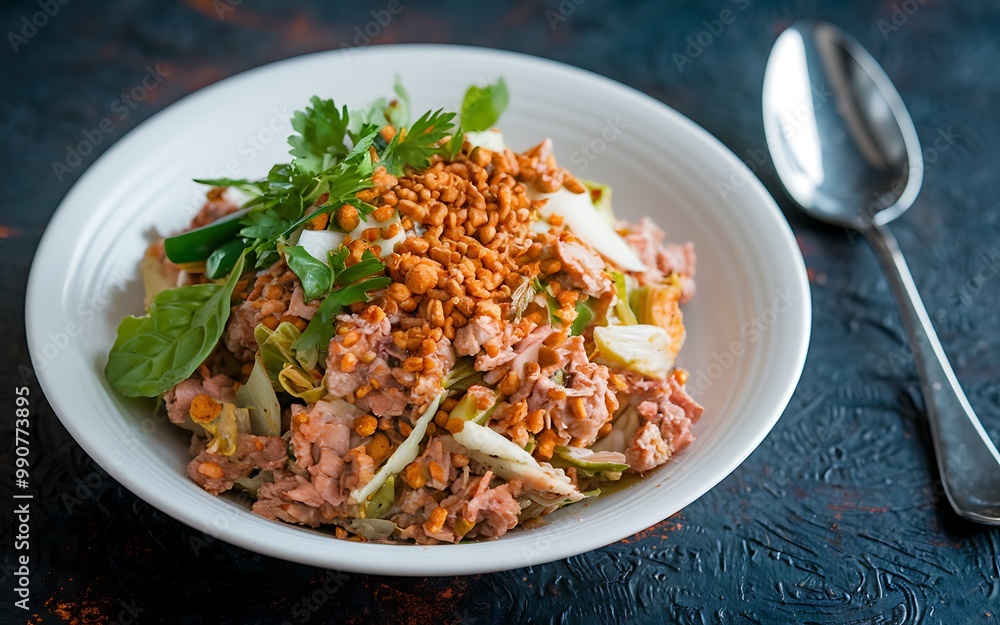 A white bowl with a salad of shredded vegetables and tuna, topped with a creamy dressing and toasted sesame seeds. A white bowl with a salad of shredded vegetables and tuna, topped with a creamy dressing and toasted sesame seeds.