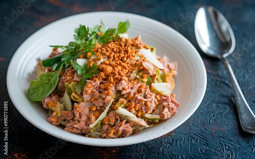 A white bowl with a salad of shredded vegetables and tuna, topped with a creamy dressing and toasted sesame seeds.