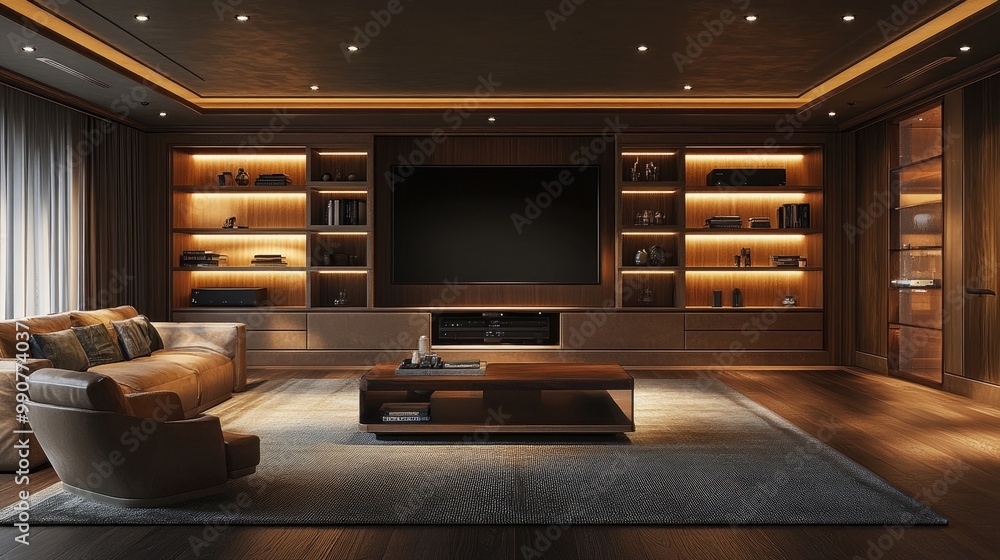 Modular entertainment center with adjustable shelves, hidden cable management, and integrated lighting. Modular entertainment center with adjustable shelves, hidden cable management, and integrated lighting.