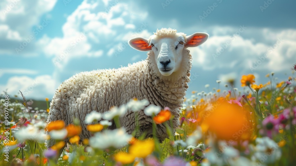 This serene scene features a sheep nestled among wildflowers, embodying nature’s tranquility This serene scene features a sheep nestled among wildflowers, embodying nature’s tranquility